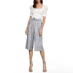 BCBGMAXAZRIA Dark Navy Striped Culottes crop linen blend tie waist Size M NWT